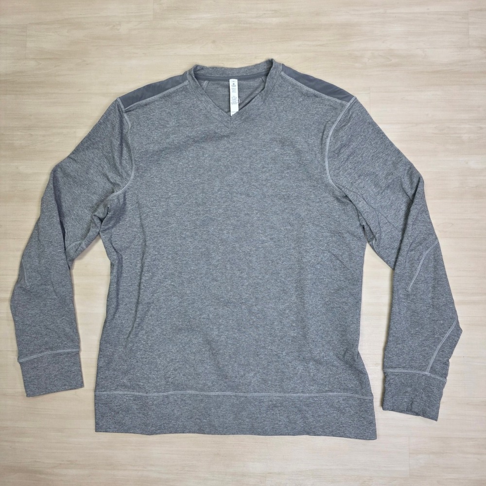 Lululemon Mens Grey V-Neck Pullover Long Sleeve Shirt XL Contrast Shoulder Panel